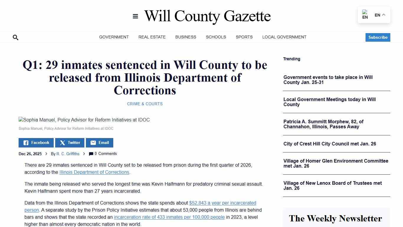 Q1: 29 inmates sentenced in Will County to be released from Illinois Department of Corrections - Will County Gazette